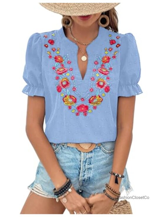 Tops - Women's Boho Floral Embroidered V Neck Puff Sleeve Blouse Peasant Top